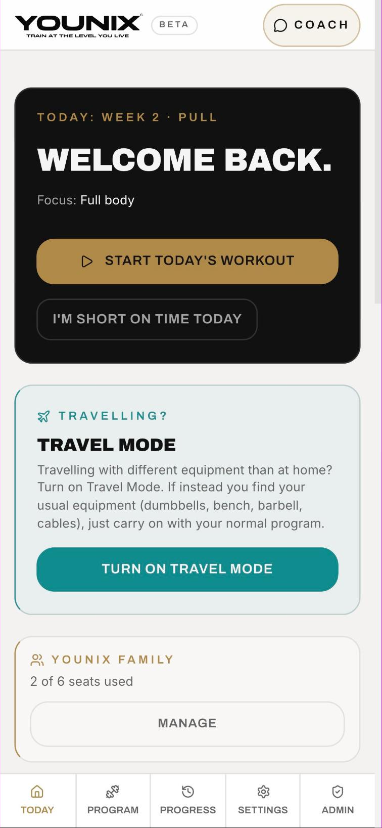 Younix Training System home dashboard