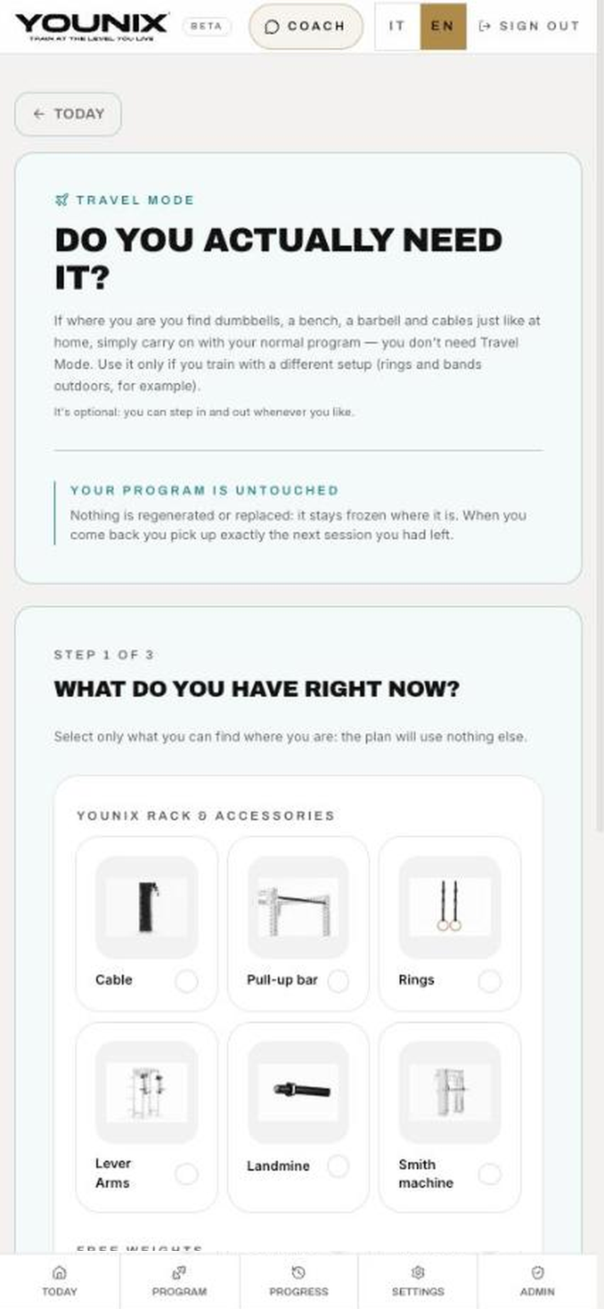 Younix Training System Travel Mode setup